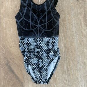 GK Elite Simone Black and Gray Youth Medium Leotard